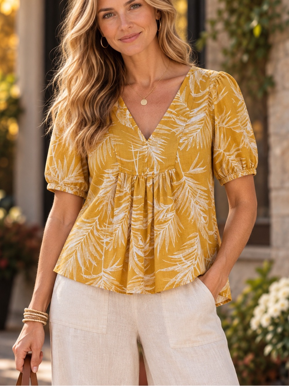 Sigrid Olsen XL Yellow Gold Linen Palm Leaf Tropical Blouse Coastal Resortwear
